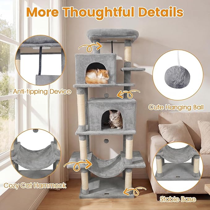 PETSITE 70-inch Tall Cat Tree, Modern Multi-Level Cat Tower with 2 Comfy Condos, Sisal Scratching Posts, Snug Hammock, and Dangling Ball, Ideal for Indoor Cats and Kittens (Grey)