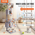 VEVOR Cat Tree for Indoor Cats, 72" Cat Tower with 2 Cat Condos, Sisal Scratching Post, Hammock, Top Perch, Jumping Platforms, Large Cat Furniture Activity Center with Hang Ball, Light Grey