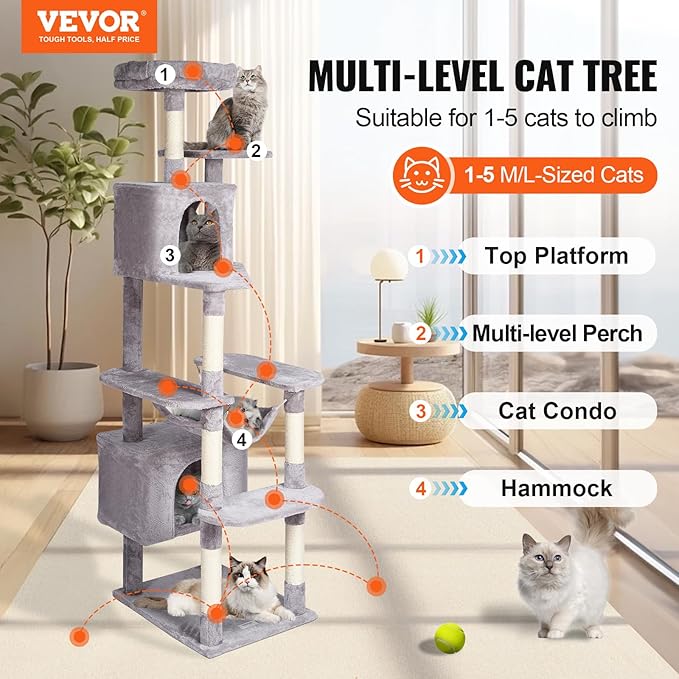 VEVOR Cat Tree for Indoor Cats, 72" Cat Tower with 2 Cat Condos, Sisal Scratching Post, Hammock, Top Perch, Jumping Platforms, Large Cat Furniture Activity Center with Hang Ball, Light Grey