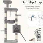 Heybly Heavy Duty Cat Tree, 64.2-Inch Tall Tower for Large Indoor Cats with Widened Structure, Cat Furniture with Big Platforms, Extra-Large Hammock, Sisal Scratching Posts & Board, Light Gray HCT027W