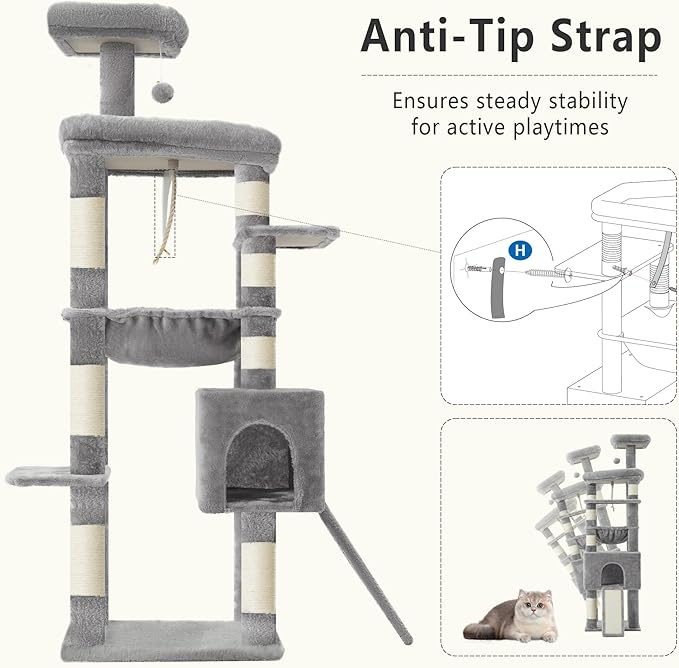 Heybly Heavy Duty Cat Tree, 64.2-Inch Tall Tower for Large Indoor Cats with Widened Structure, Cat Furniture with Big Platforms, Extra-Large Hammock, Sisal Scratching Posts & Board, Light Gray HCT027W