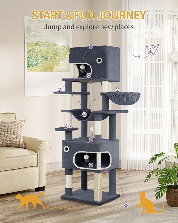 70.1 Inch Cat Tree for Indoor Cats, Multi-Layer Scratching Post with Large Platform, 2 Caves, 7 Sisal Posts, Pompoms, Cat Basket, Hammock, Suitable for Cats, Dark Grey MS17818SG