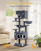 70.1 Inch Cat Tree for Indoor Cats, Multi-Layer Scratching Post with Large Platform, 2 Caves, 7 Sisal Posts, Pompoms, Cat Basket, Hammock, Suitable for Cats, Dark Grey MS17818SG