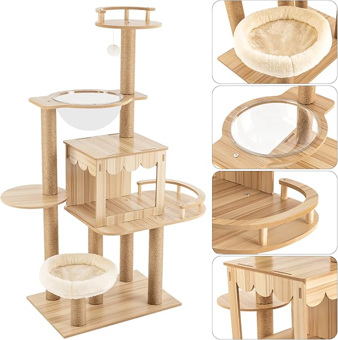 60" Cat Tree Multi-Level, Wood Cat Climbing Stand, Cat Tree Tower, Large Playing Condo with Scratching Post Funny Toys for Kittens Pet Play House