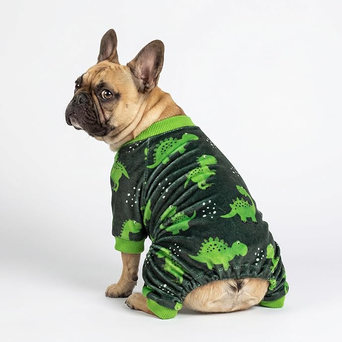 Fitwarm Dinosaur Dog Fleece Pajamas, Warm Clothes for Small Dogs Boy, Cozy Pet Onesie with Feet, Dark Green, Bright Green, XS