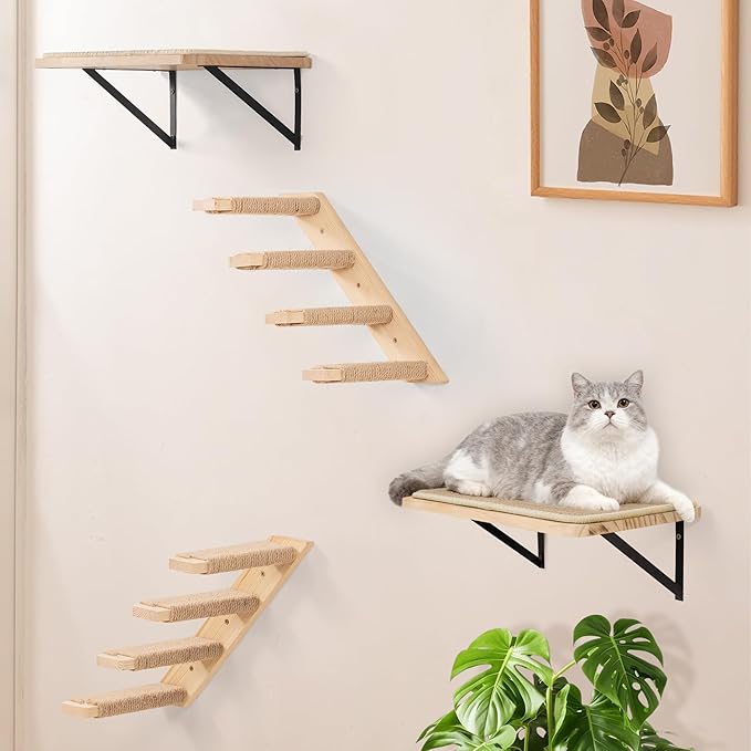 2PCS Wall Cat Tree Shelves, Reversible 4-Step Cat Ladders with Sisal Rope, Mountable Left & Right for Climbing and Scratching