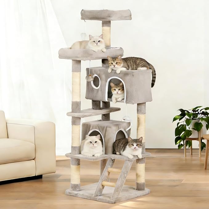 Cat Tree Tower 60inch - Multi-Level Indoor Activity Center with Sisal Scratching Posts, Condo, Plush Perch & Hanging Toys for Large Cats (Light Gray)