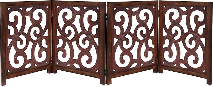 Wooden Foldable Pet Dog Safety Gate - 4 Panels Scroll 20 W x 24 H- Hand Carved Solid Wood & MDF- Free Standing Portable Indoor Doorway Hall Stairs Puppy Fence -Fully Assembled- Antique Brown -IRONGATE