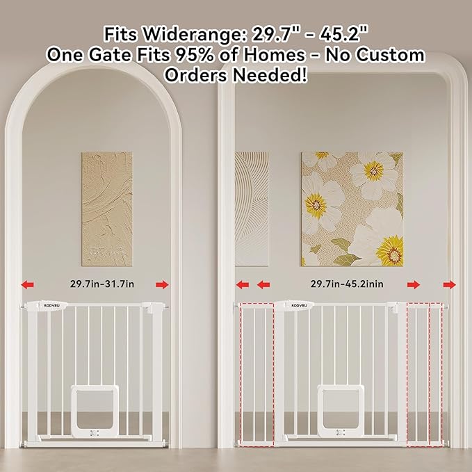 Baby Gate with Cat Door, 30" Tall Dog Gate with Cat Door Indoor, Adjustable Baby Gate for Doorways, Pressure Mounted Walk-Through Gate with Auto-Close & Double Lock, Fits 29.7-45.2 Inches