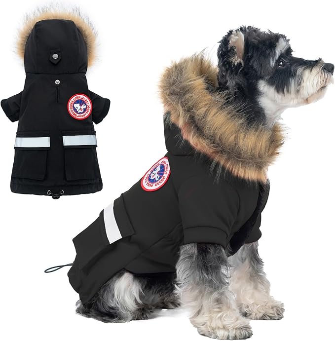 PINA Small Dog Coats - Waterproof, Winter, Snow Jacket with Faux Fur Hood & Pocket