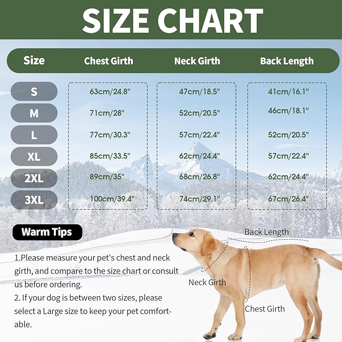 IDOMIK Dog Winter Coat for Large Dogs, Warm Dog Winter Jacket with Fleece High Collar, Zippered Cold Weather Coats for Dogs, Waterproof Doggy Snow Jacket Clothes,Green,3XL