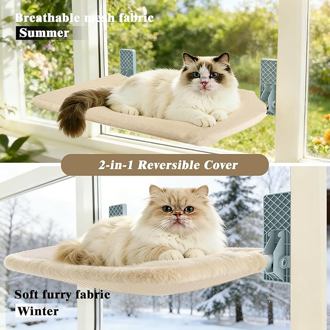 Cat Window Perch, Foldable Window Hammock for Cats with Strong Adhesive Glue, Metal Frame and Washable Soft Cover cat Bed for Window, Reversible for Winter and Summer