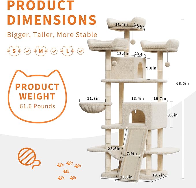 68.5 in Multi-Level Cat Tree for Indoor Cats Large Adult Heavy Duty Cat Tower for Large Cats with 2 Condos/Plush Perches/Sisal Scratching Posts/Hammocks/Basket/Dangling Balls, #2605 Beige