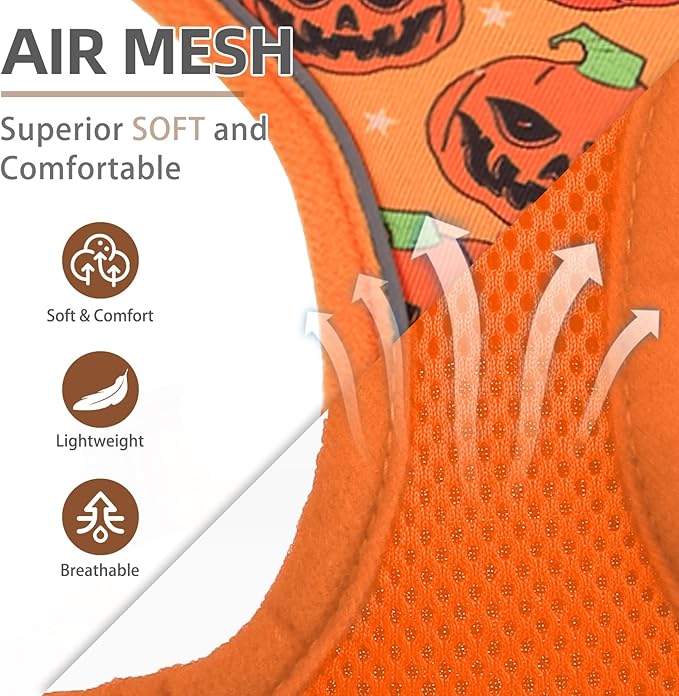 PUPTECK Halloween Small Dog Harness and Leash Set, No Pull Adjustable Puppy Cat Harness, Reflective Soft Mesh Pet Vest Small Sized, Pumpkin, M