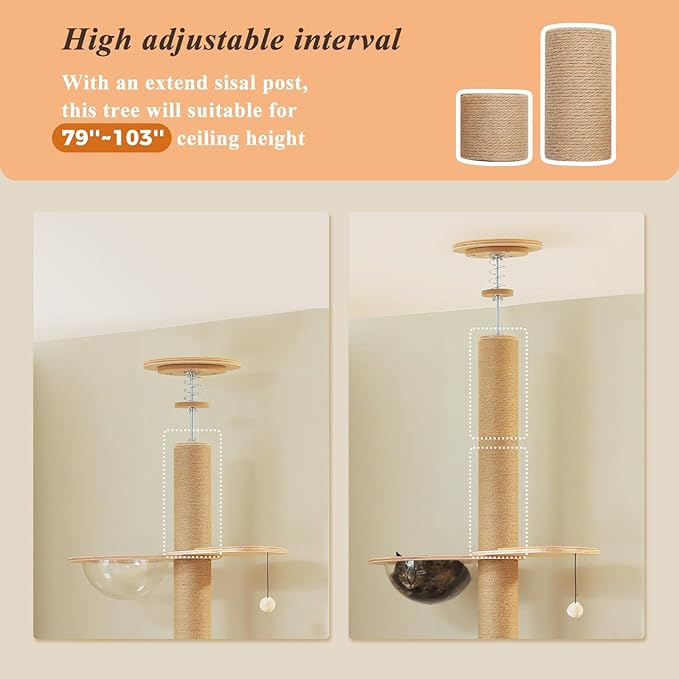 PETEPELA Floor to Ceiling Cat Tree, Adjustable Height(79-103'') Solid Wooden Tall Cat Tower for Indoor Cats with Sisal Scratching Post, Acrylic Bowl and Play Pompom