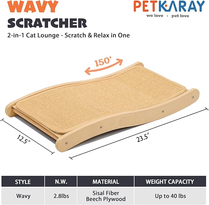 PETKARAY Sisal Cat Scratching Board, Curved Sisal Cat Scratcher, Large Indoor Kitty Scratch Pad, Heavy Duty Wave Lounge Bed for Kitten