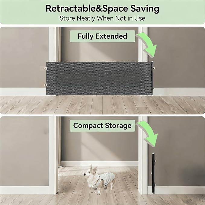 15" Step Over Retractable Dog Gate, No-Drill Pet Barrier for Doorways & Stairs, Easy Human Access & Pet Containment, Adjustable Small Dog Gate for Indoor Use