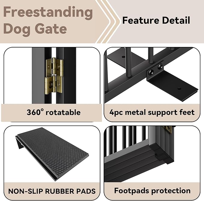 Full Metal Freestanding Dog Gate with Door, 36''Height Foldable Pet Dog Fence for Indoor & Outdoor, 4 Panels Extra Wide Free Standing TallDog Gates for Doorways,House,Stairs,Porch,Deck,Yard