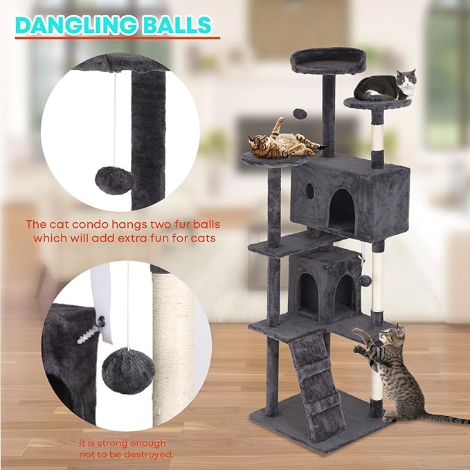 FDW | 70" Cat Tree Tower | Light Gray | Multi-Level Indoor Activity Center with Sisal Scratching Posts, Condos, Plush Perches, Hanging Cat Toys | Sturdy, Easy to Assemble | for Kittens & Adult Cats