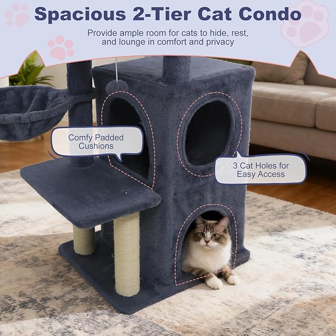 Tangkula Cat Tree Tower, 33.5 Inch Cute Cat Tower with 2-Tier Large Condo, Sisal Scratching Posts, Padded Top Perch, Dangling Toy, Rotatable Cozy Basket, Cat Climbing Furniture (Dark Gray)