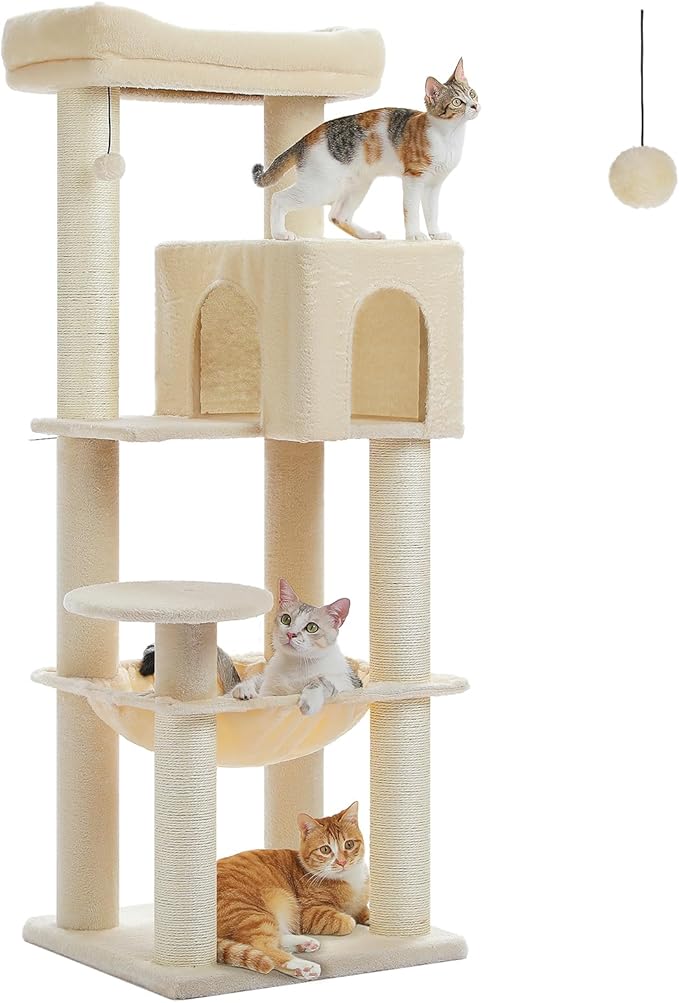 PETEPELA 58" Large Cat Tree for Big Adult Cats up to 30 lbs, Heavy Duty Cat Tower w/Extra-Thick Scratching Posts [φ3.9”], XL Hammock & Spacious Condo, Study Cat Furniture for Maine Coons, Beige