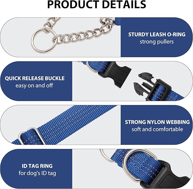 Martingale Dog Collar with Quick Release Buckle Steel Chain No Pull Training Reflective Collar for Medium Large Dogs(Blue, Medium)