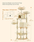 Feandrea Cat Tree, 81.1-Inch Large Cat Tower, Multi-Level Plush Condo with 13 Scratching Posts, 2 Perches, 2 Caves, Basket, Hammock, Pompoms, Beige UPCT190M01