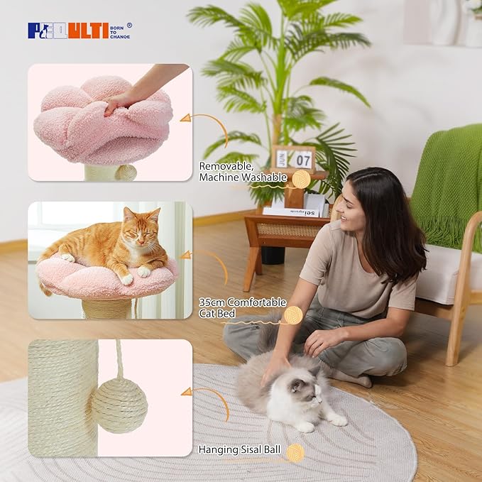 PEQULTI Cat Tree Flower Cat Tower for Indoor Cats and PEQULTI Flower Cat Scratching Post, Small Cat Tree, Tall Cat Scratcher