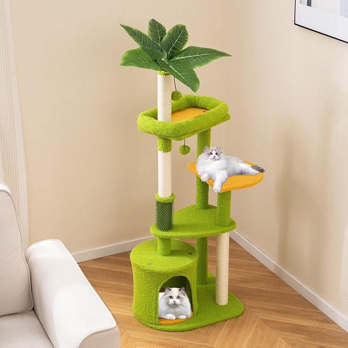 Tangkula Palm Cute Cat Tree, Cat Tower with Sisal Scratching Posts, Padded Top Perch, Condo, Self Groomer, Jumping Platforms & Dangling Balls, Unique Cat Tree Tower with Green Leaves for Indoor Cats