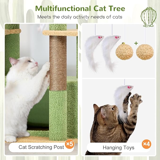 Globlazer Large Cat Tree, 80 inch Multi-Level Cactus Tall Climbing Tower Kitty Condos Cat Scratching Tower for Indoor Multiple Large Adult Cats Kittens with 3 Cat Caves, 3 Hanging Baskets, F80F, Green