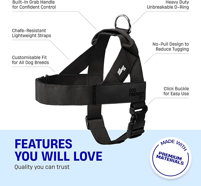 DF Co. Dog Harness | Chafe Resistant Webbing, Adjustable Neck & Chest, and Heavy Duty D-Ring | Sturdy, Comfortable, Easy to Use | Black, Size XS