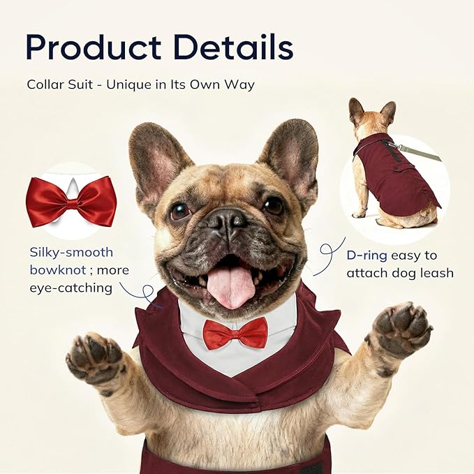 Supet Dog Tuxedo and Bandana Set with Bow Tie, Formal Outfit for Wedding Birthday Party Graduation Valentines, Pet Suit Clothes for Large Medium Small Dogs (Burgundy, S)