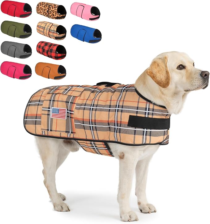 BEAUTYZOO Dog Winter Coat for X-Large Dogs Waterproof, Warm Reflective Great Dane Oxford Canvas Jacket, Fleece Dog Cold Weather Coats Windproof for Female Male Dogs, Khaki Plaid XL