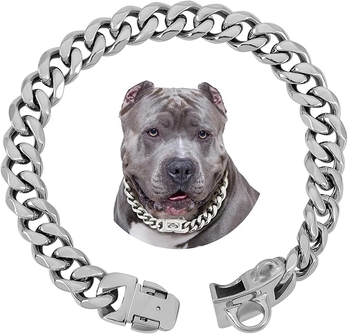 BAOBOTE 15MM Silver Stainless Steel Dog Collar with Cuban Link Chain Heavy Duty Chew Proof Training Collar for Dogs(16" Silver)