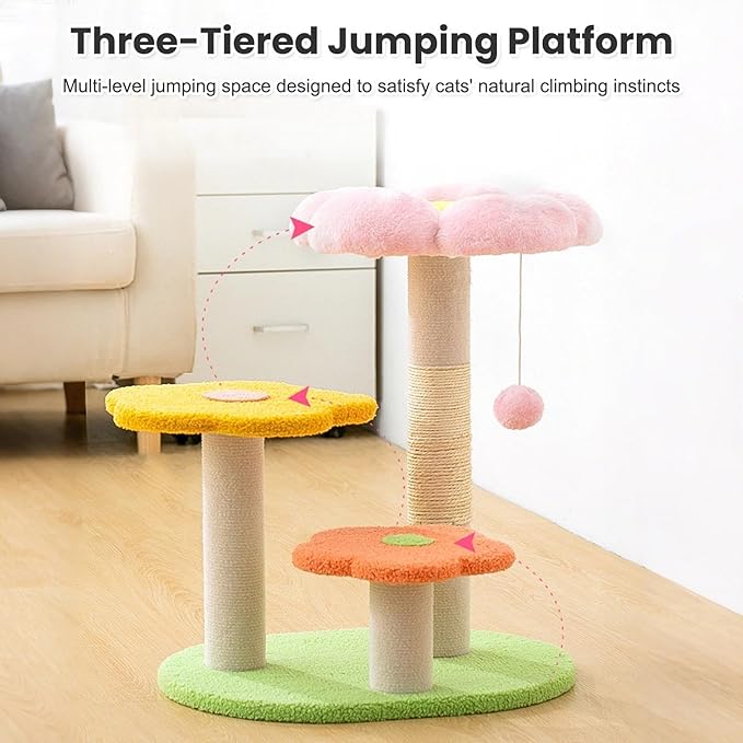 Flower Cat Tree 22.4 inches for Indoor Cats, 3-Story Cat Tower with Scratching Post, Multi-Functional Plush Cat Condo with Interactive Ball Toy, Protects Furniture with Durable Sisal Pole(Orange)
