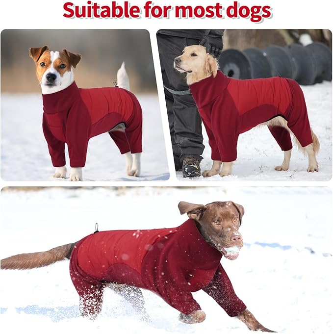 BRKURLEG Full Body Dog Winter Coat Warm Fleece Pullover Pajamas, Four Legs Covered Windproof Dog Jacket for Small to Large Dogs, Turtleneck Dogs Snowsuit, Pet Cold Weather Clothes, Red XXXL