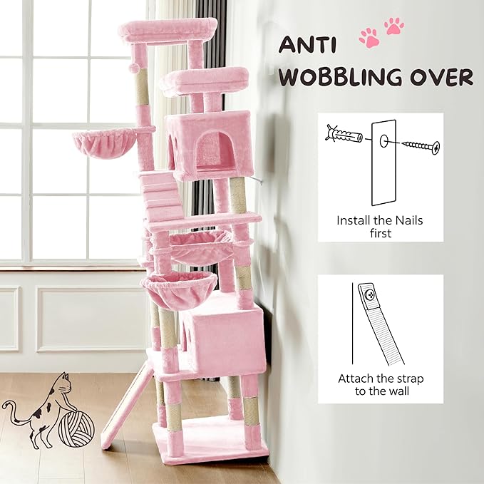 80 Inch Cat Tree,Large Cat Tower with 9 Scratching Posts, 2 Perches, 2 Caves, 2 Basket, 2 Stairs, Extra Large Hammock, Multi-Level Plush Cat Condo for Indoor Cats/Pink