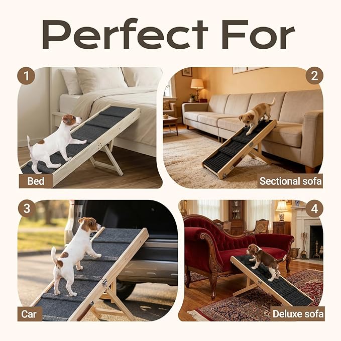 2026 Upgraded Foldable Dog Ramp for Couches, Wooden Small Dog Ramp for Sofa - 4 Adjustable Heights (12"-19"), Portable, Stable & Non-Slip, Wood