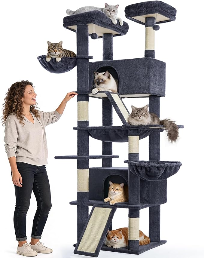 Cat Tree 82 in Multi-Level Cat Tower for Indoor Cats, Heavy Duty Large Cat Tree with Sisal Scratching Posts, Hammock, 2 Perches, 2 Condos, 2 Hanging Baskets, Dark Grey