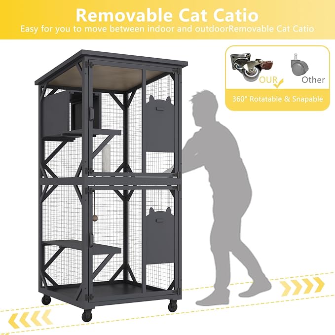 ROOMTEC Catio Outdoor Enclosure With Roof 71" Height Wooden House Large Cage With 3 Jumping Platforms and 1 Napping House for Cat Activity (Grey)