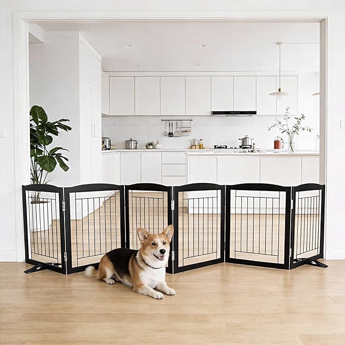 Dog Fence Indoor,Dog Gate Indoor for Doorway pet gate -6-Panel Freestanding, Hallways, House or Stairs -120x24-Inch Retractable Foldable Expandable Wood Pet by SFJC (Black) ﻿