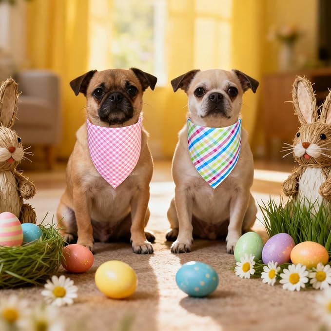 Easter Dog Bandanas 2-Pack for Large to X-Large Dogs - Reversible Bunny & Carrot Pastel Plaid Scarf, Pink & Blue Pet Accessories for Spring Gift