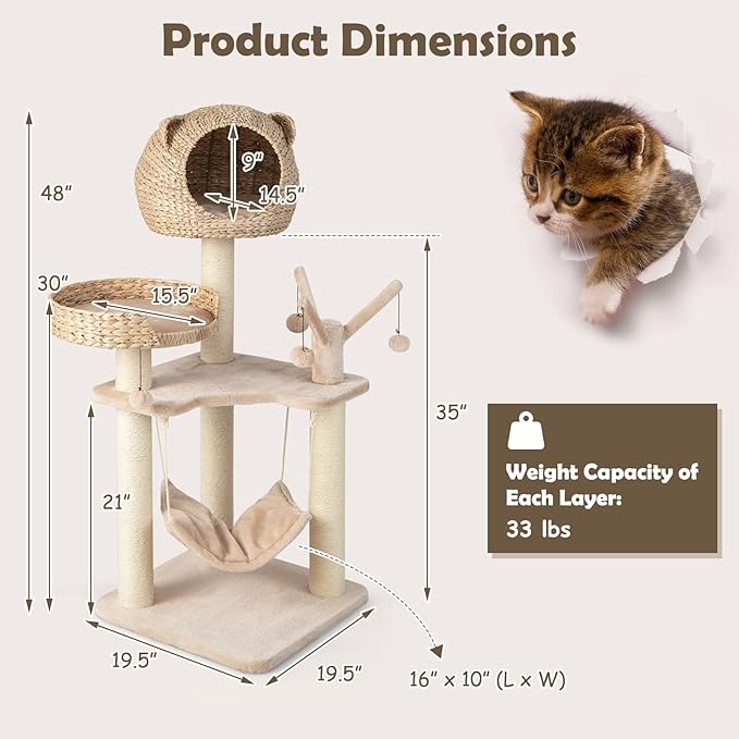 Giantex Wooden Cat Tree, 48 inches Cat Tower with Cattail Condo, Cat Bed, Hammock, Rotatable Jingling Balls, Natural Sisal Scratching Posts, Removable Cushion, Multi-Level Kitten Activity Center