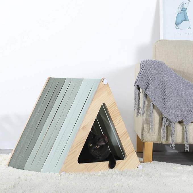 Petsfit Cat Houses for Indoor Cats,Modern Style Wood Cat House with Soft Mat,Portable&Easy Assembly(Triangle)