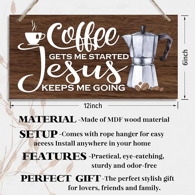 K1 Hanging Wooden Plaque Decor - Jesus Keeps Me Going, Coffee Bar Sign, Rustic Farmhouse Kitchen Wall Decor, 12x6 inch