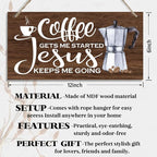 K1 Hanging Wooden Plaque Decor - Jesus Keeps Me Going, Coffee Bar Sign, Rustic Farmhouse Kitchen Wall Decor, 12x6 inch
