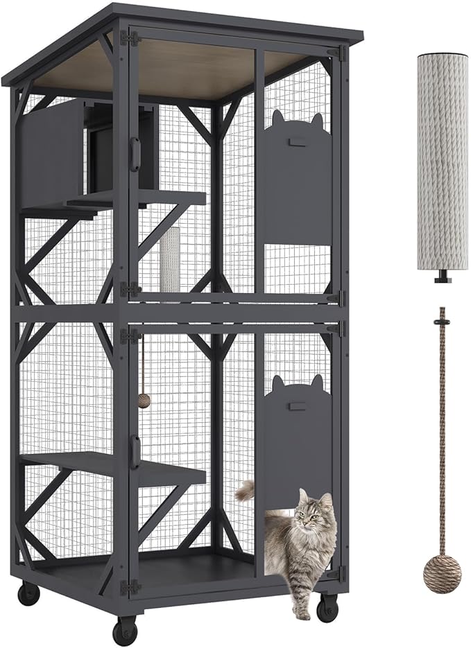 ROOMTEC Catio Outdoor Enclosure With Roof 71" Height Wooden House Large Cage With 3 Jumping Platforms and 1 Napping House for Cat Activity (Grey)