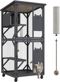 ROOMTEC Catio Outdoor Enclosure With Roof 71" Height Wooden House Large Cage With 3 Jumping Platforms and 1 Napping House for Cat Activity (Grey)