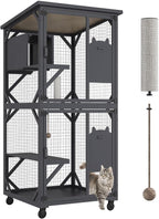 ROOMTEC Catio Outdoor Enclosure With Roof 71" Height Wooden House Large Cage With 3 Jumping Platforms and 1 Napping House for Cat Activity (Grey)