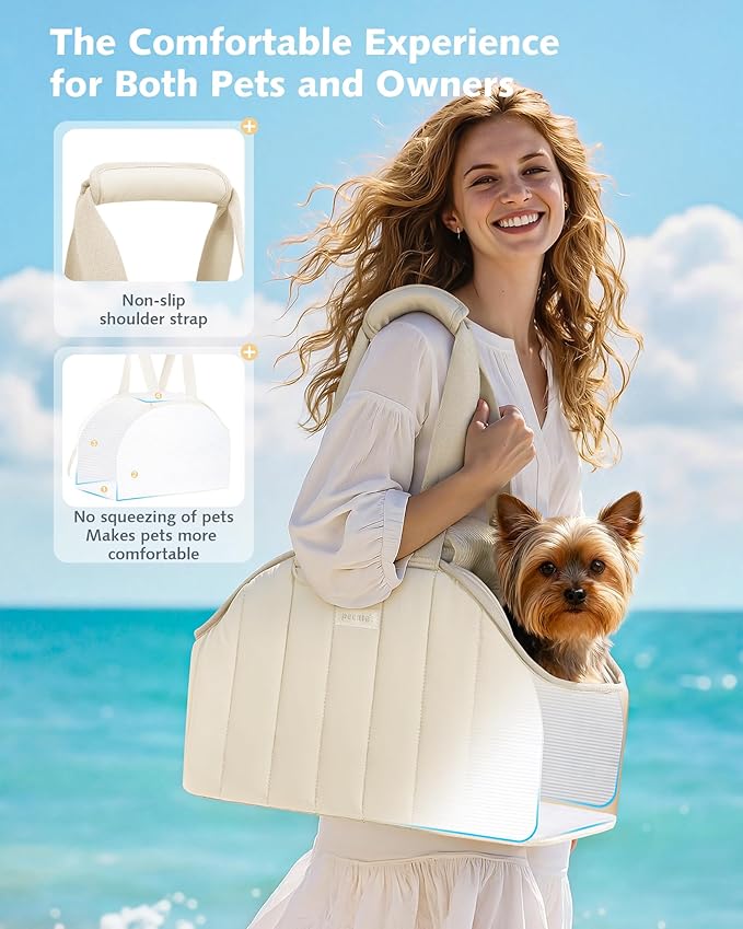 Pecute Cat Purse Carrier, Lightweight Cat Carriers for Small Cats with Large Pockets, Cat Soft-Sided Carriers up to 6.6lbs, Pet Carrier for Kitten, Suitable for Travel, Subway, Cream